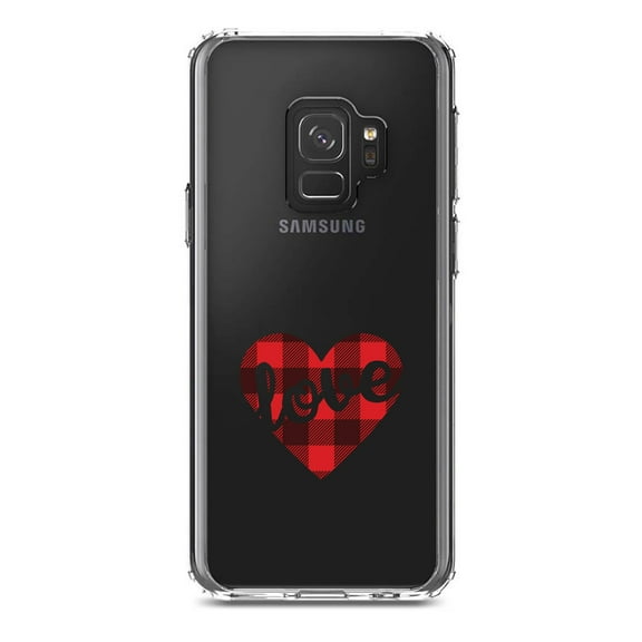 DistinctInk Clear Shockproof Hybrid Case for Samsung Galaxy S9 (5.8" Screen) - TPU Bumper Acrylic Back Tempered Glass Screen Protector - Buffalo Love Heart - Red Black Plaid