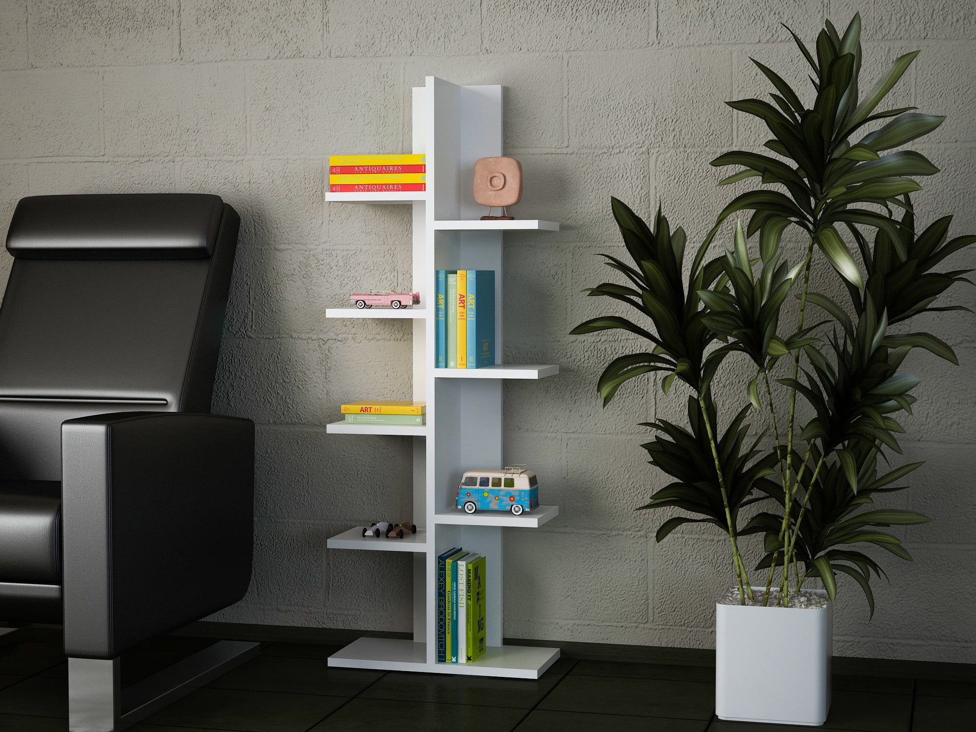 Modern Geometric Bookcase, Bookshelf with 9 Shelves , White Finish