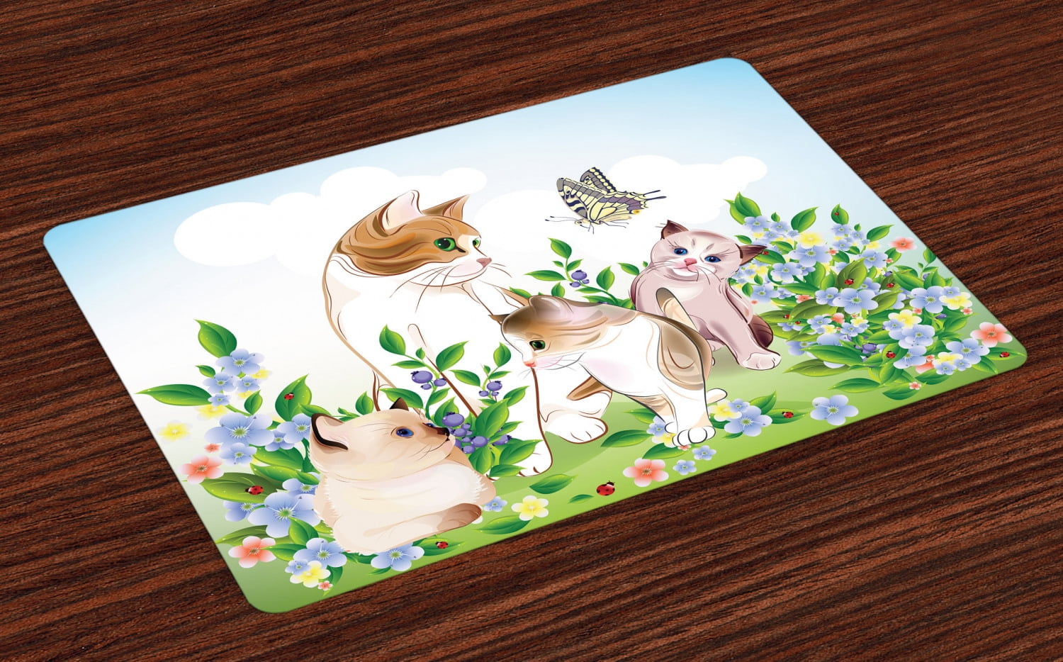 Cat Placemats Set of 4 Cute Kittens in Flower Meadow Field Happy Cats