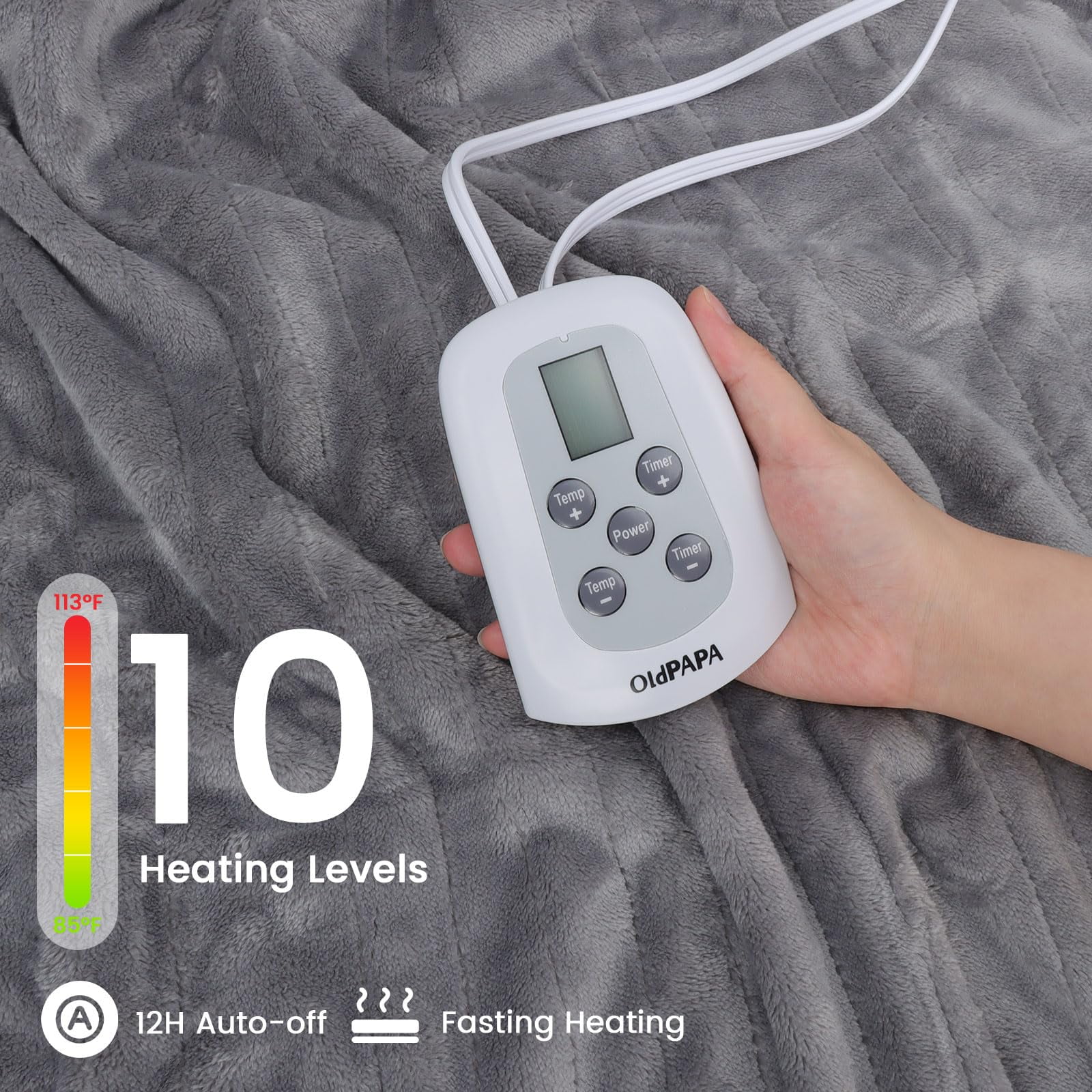 Heated Blanket Queen Size 84"x90", Dual Control Cozy Flannel Electric Blanket for Bed with 10 Fast Heating Levels, 12H Auto Off, ETL Certified,Soft Machine Washable Blanket for Home Use,Grey