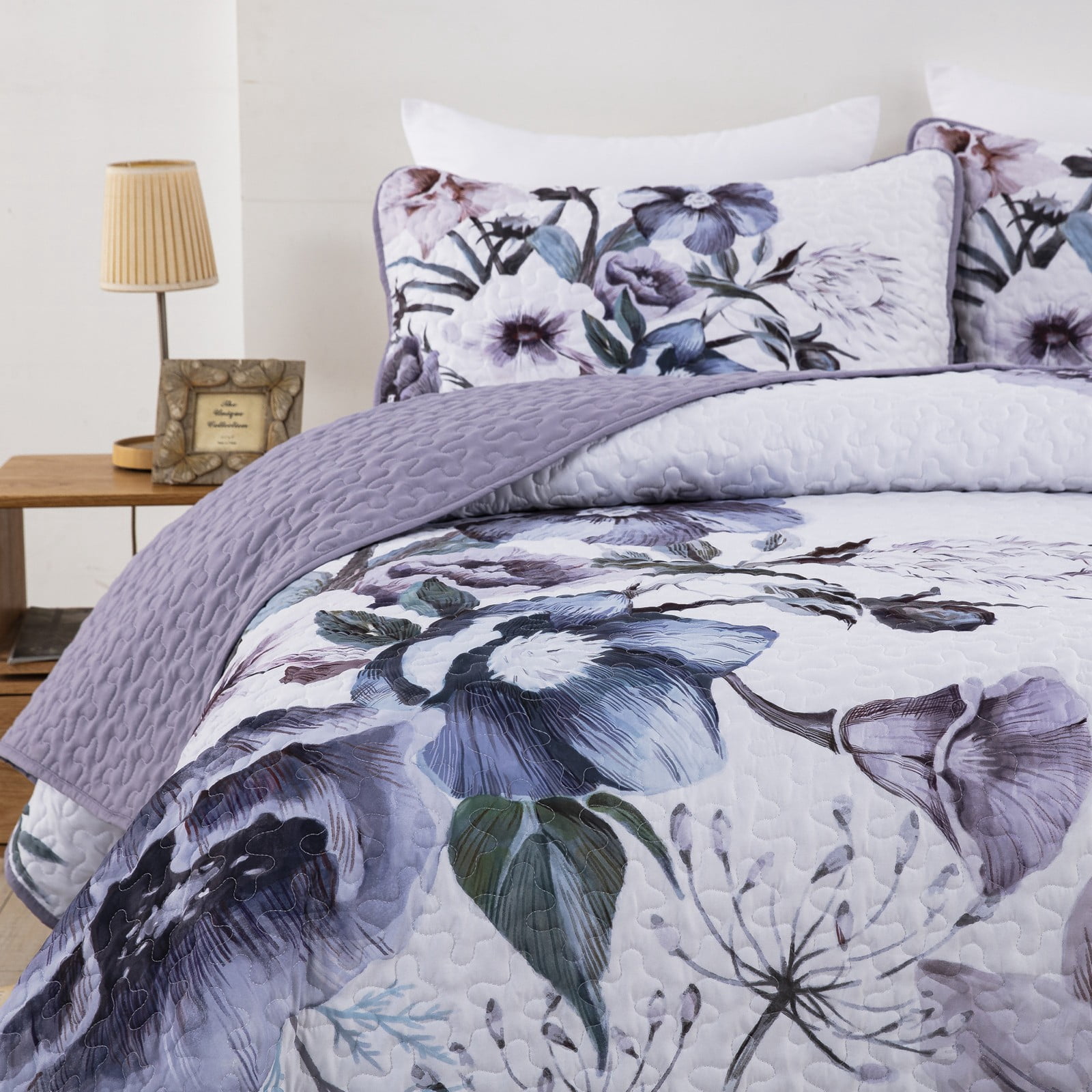 Dintszyayue Quilt Sets Queen Size,3 Pcs Purple Flower Boho Bedding Set Lightweight Adult(90"x 96")