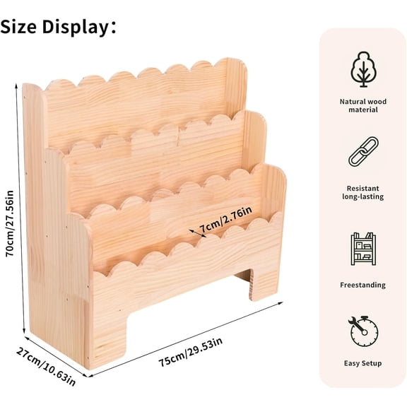 Wooden Kids Bookshelf 3-Tier, Front Facing Toddler Montessori Bookshelf, Scalloped Book Shelf for Kids Rooms, Baby Nursery Book Shelves Classroom Bookcase