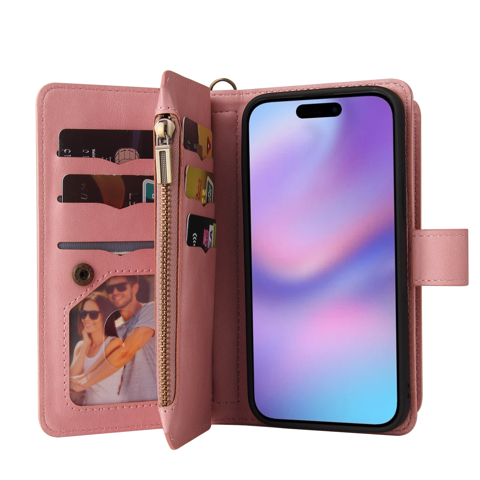 Phone Case for iPhone 17, Wallet Case Luxury Folio Flip Leather Cover [Zipper Pocket] [Wrist Strap] [Kickstand] for iPhone 17, Pink