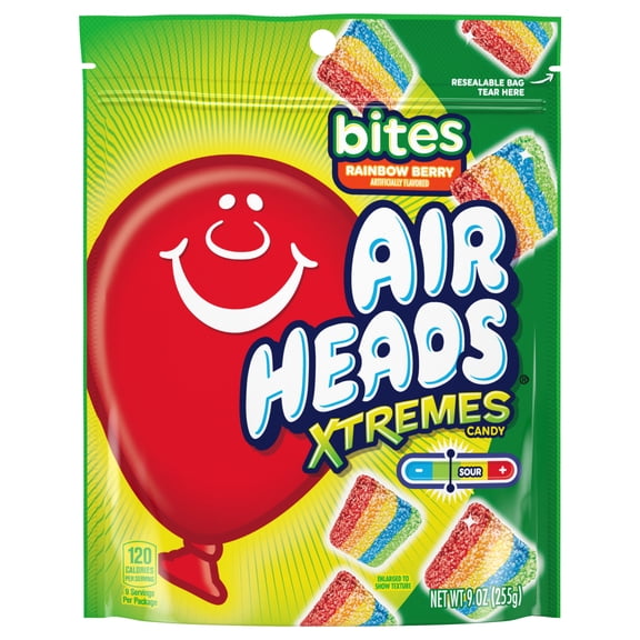 Airheads Xtremes Bites Peanut-Free Rainbow Berry Chewy Sour Candy, 9 oz Resealable Bag