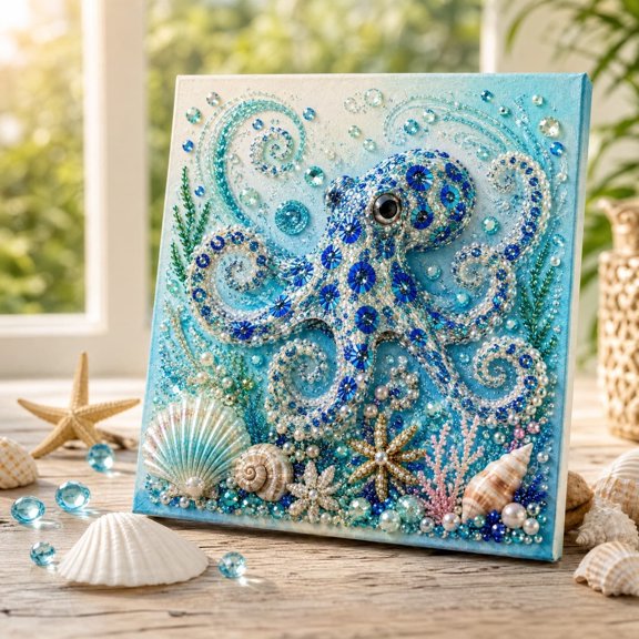 Ocean Animals Theme Pearl Art DIY Kit,3D Pearl Craft Kit for Adults, Sparkling Coastal Pearls Mosaic Art with Pearls & Rhinestones, DIY Home Wall Decor Gift(A)