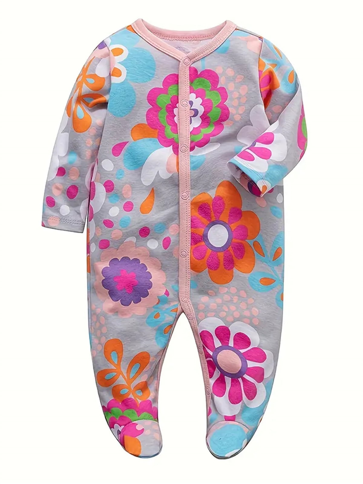 QEFJNO Newborn Baby Girls' 3-pack Sleep and Play Footies Pajamas One-Piece Sleeper Button Jumpsuit Cotton Floral PJs
