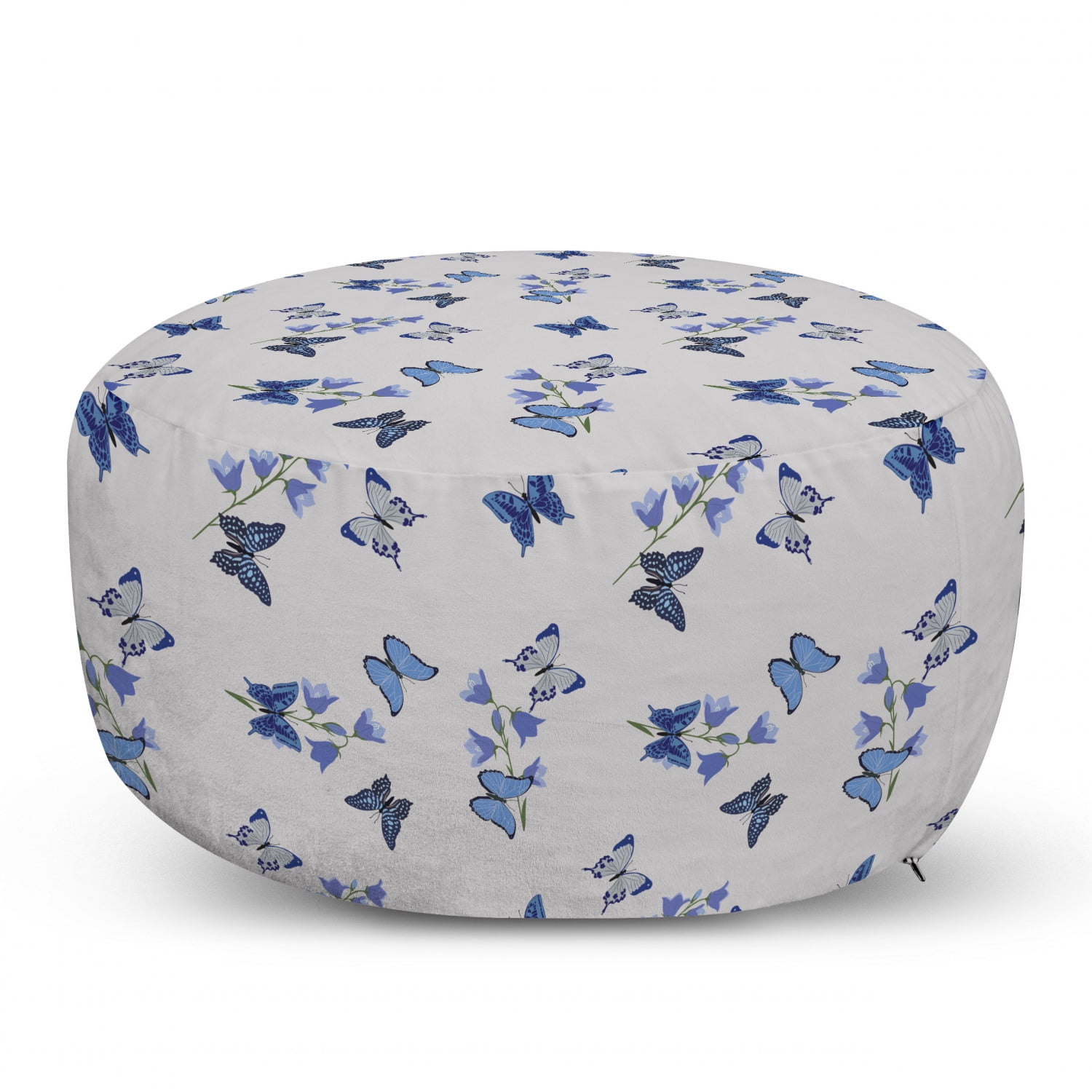 Butterfly Ottoman Pouf, Bluebell Flowers and Flying Moth Insects on
