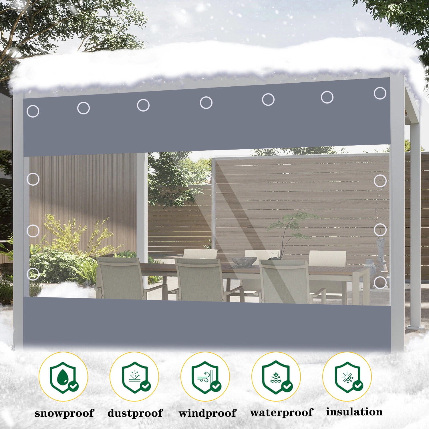 3x2m Clear PVC Outdoor Curtain Waterproof Transparent Patio Panel Windproof UV-Resistant Tarp for Pergola/Gazebo/Porch