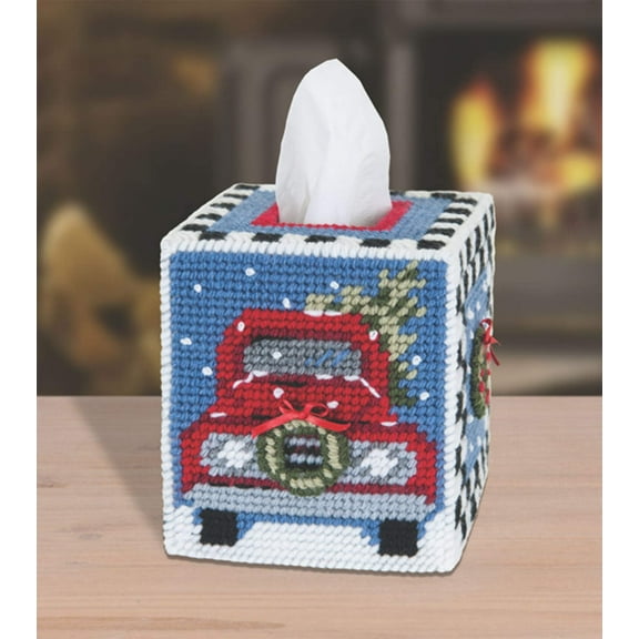 Mary Maxim Old Red Truck Tissue Box Cover Plastic Canvas Kit