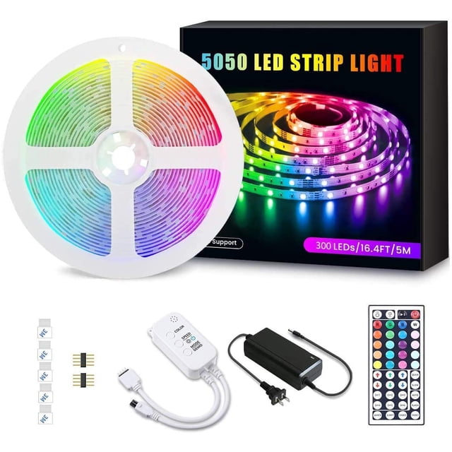 LED Strip Lights, Color Changing Rope Lights 16.4ft SMD 5050 RGB 300LEDs Light Strips with Flexible Strip Light, IP65, IR Remote Controller and 12V Power Supply for Bedroom, Decoration