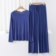 thumbnail image 2 of Wyobmus Ladies Pajamas Sets Summer Modal Cooling Outfits Round Neck Loose Long Sleeve Tops Wide Leg Elastic Waist Bottoms 2 Piece Lounge Sets A-Blue, 2 of 3