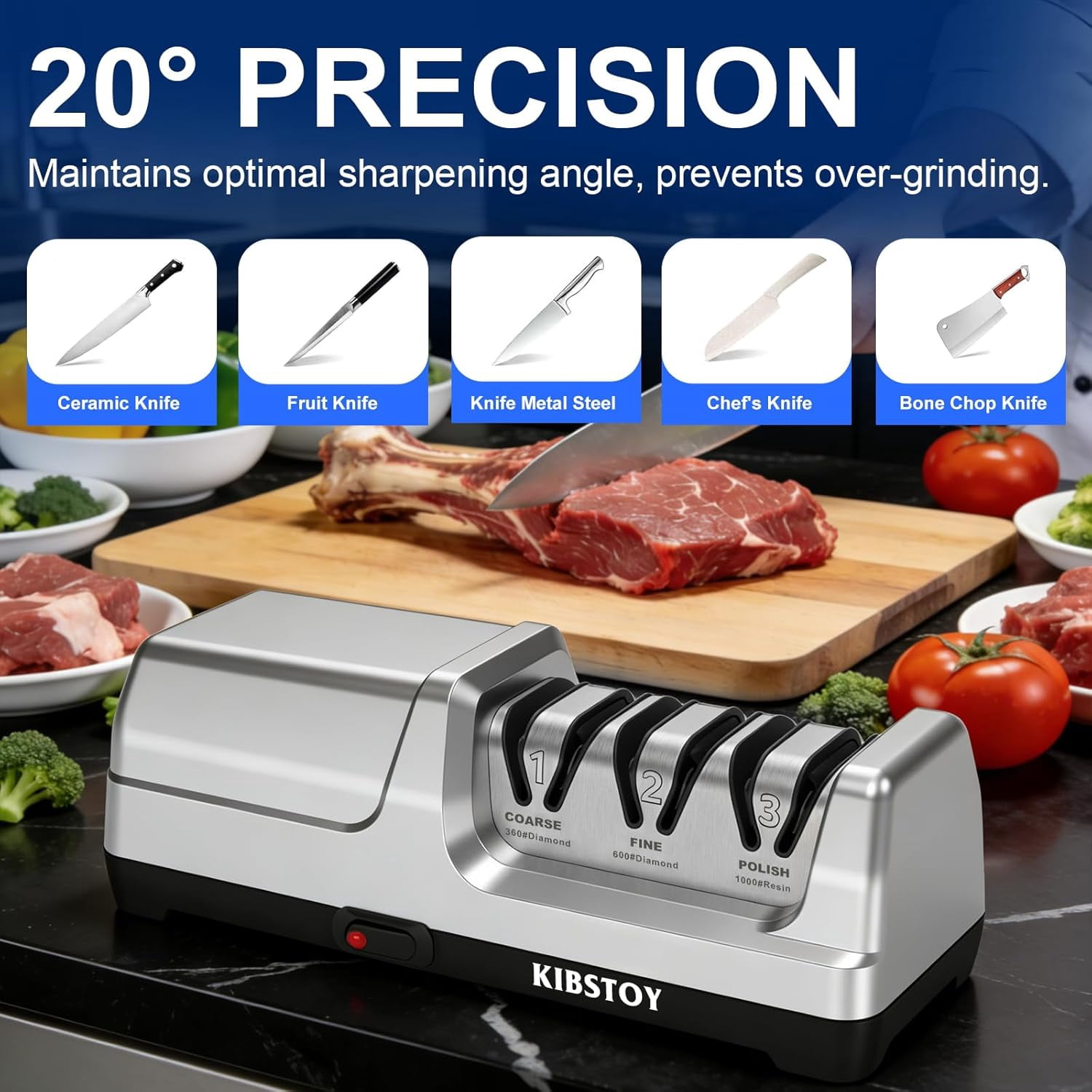 Electric Knife Sharpener - Professional 3-Stage  System with 20 °   Precision Angle for Kitchen Blades