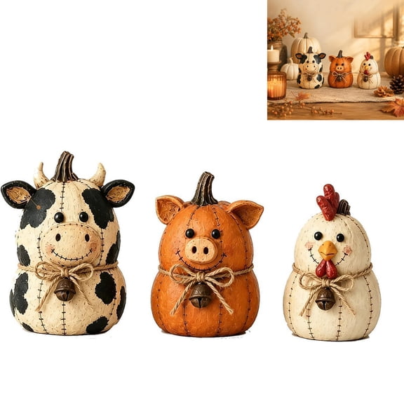 Rustic Farm Pumpkin Friends Decor Set, Plush Cow Pig Chicken Decor, Fall Seasonal Ornament For Home Decoration, Tables And Thanksgiving Displays