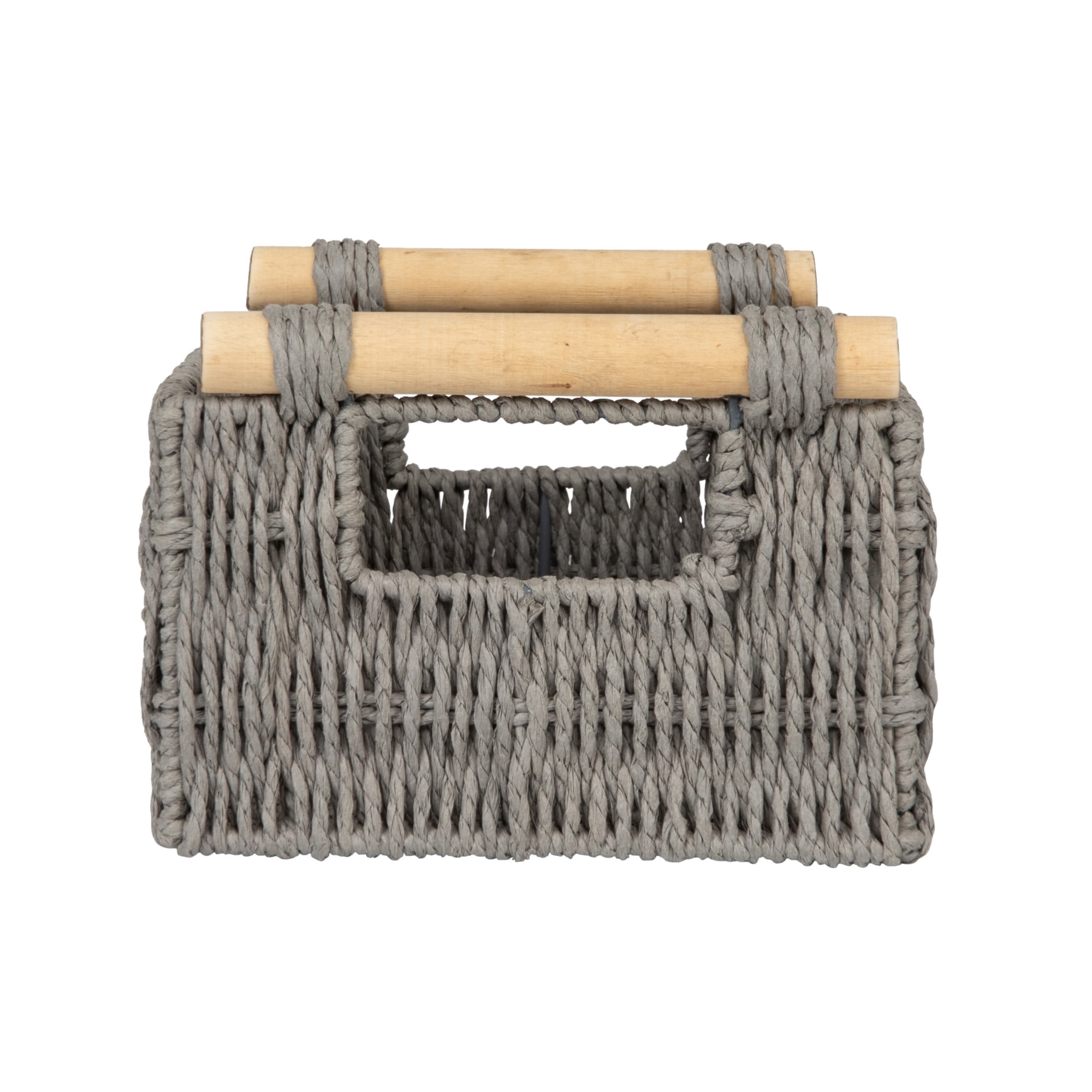 Household Essentials Decorative Woven Baskets, Set of 3, Paper Rope with Wood Handles, Sturdy Metal Frame, Small, Medium and Large, Grey
