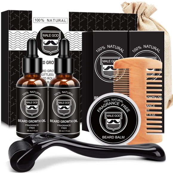 Kit para el crecimiento de barba MALE GOD con aceite, bálsamo, peine y masajeador