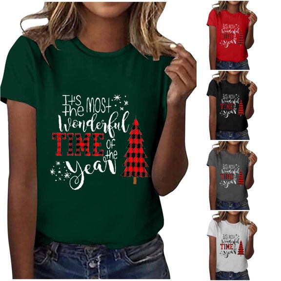 Active Tops Women T-Shirts T1 Christmas Print Short Sleeve T Shirt For Women Relaxed Fit Round Neck Top Casual Holiday Tee Red XXL