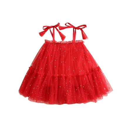 

Toddler Baby Girl Christmas Mesh Tutu Dress Sequins Print Tie-Up Ruffle A-Line Suspender Skirt Princess Xmas Holiday Outfit