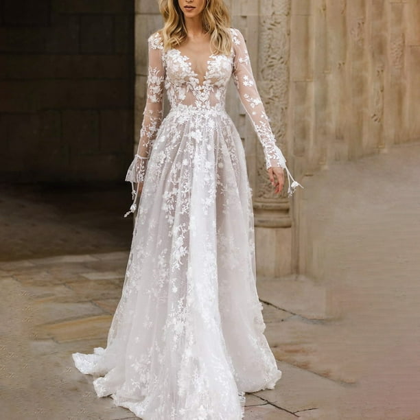 Tea Length Amazon Prime Wedding Dress Cathalem Wedding Dresses For Women Long  Sleeve Wedding Dresses For