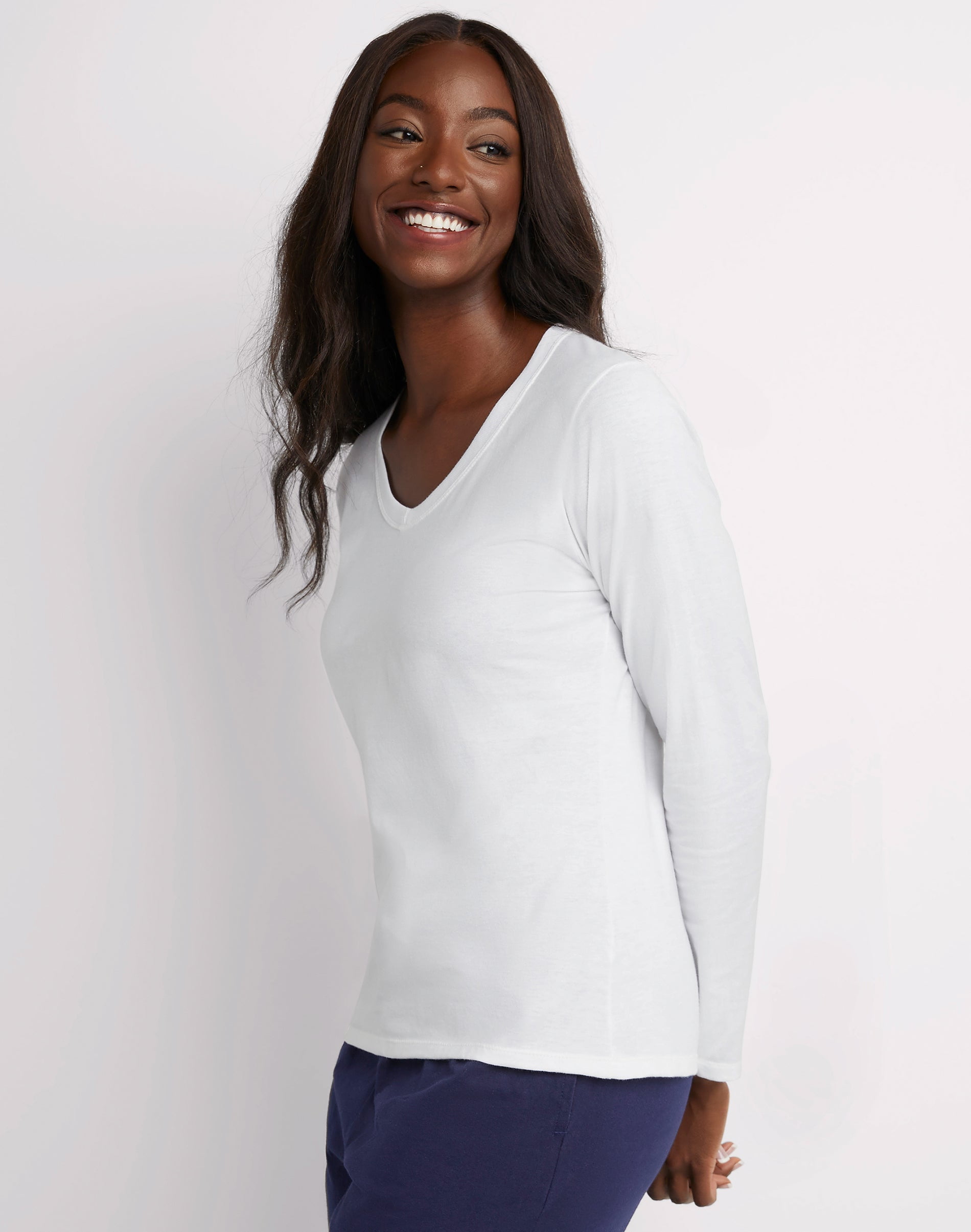 Hanes Women's Contemporary Fit Long Sleeve V-Neck T-Shirt in White
