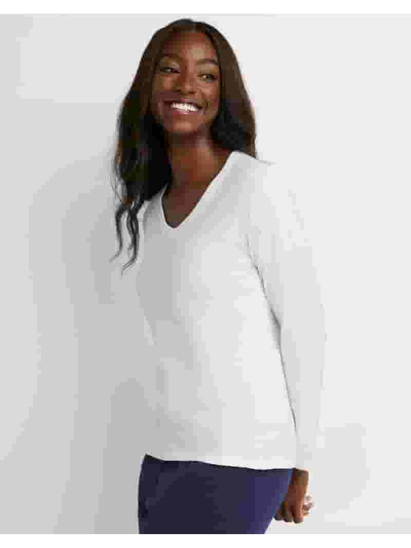 Hanes Women's Contemporary Fit Long Sleeve V-Neck T-Shirt in White