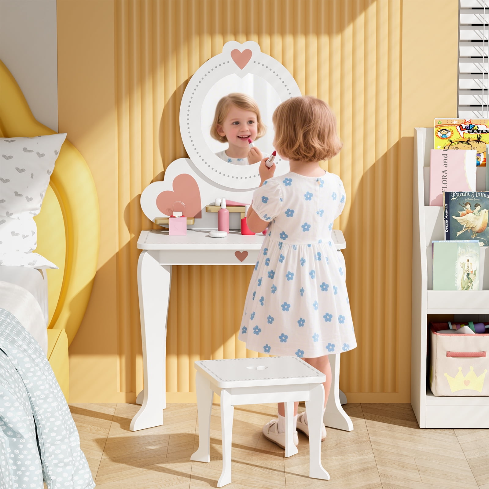 Pirecart Kids Vanity Table and Chair, Makeup Dressing Set with Round Mirrors and 8 Pcs Pretend Play Accessories, White