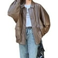 thumbnail image 6 of Women Jacket Faux Leather Smooth Surface Turn-down Collar Zip-up Long Sleeves Elastic Hem Pockets Retro Motorcycle Coat, 6 of 7