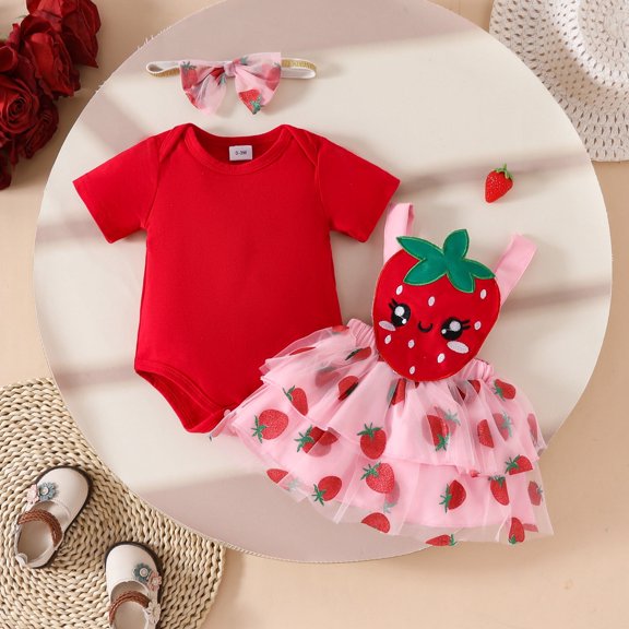 HAYIMI Kids Baby Girls Summer Outfits Strawberry Floral Mesh Cake Dress Set Casual Romper Toddler Fashionable Child O-Neck Cartoon Clothes Sets