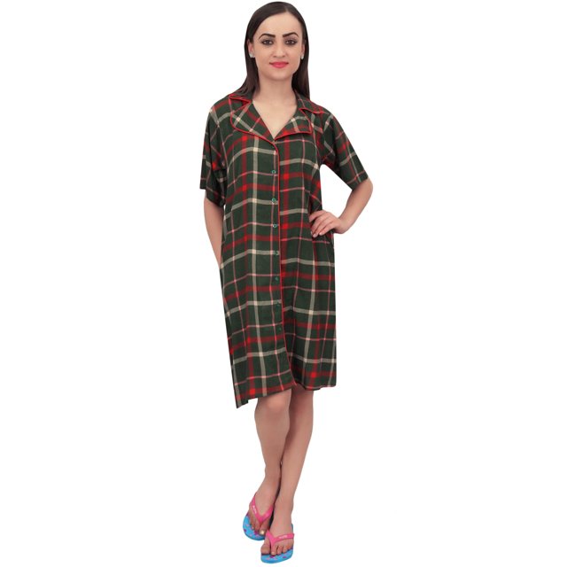 Bimba Robe de Nuit Chemise pour Femme à Manches Courtes, Imprimé à Carreaux Vert Olive avec Poche - 10