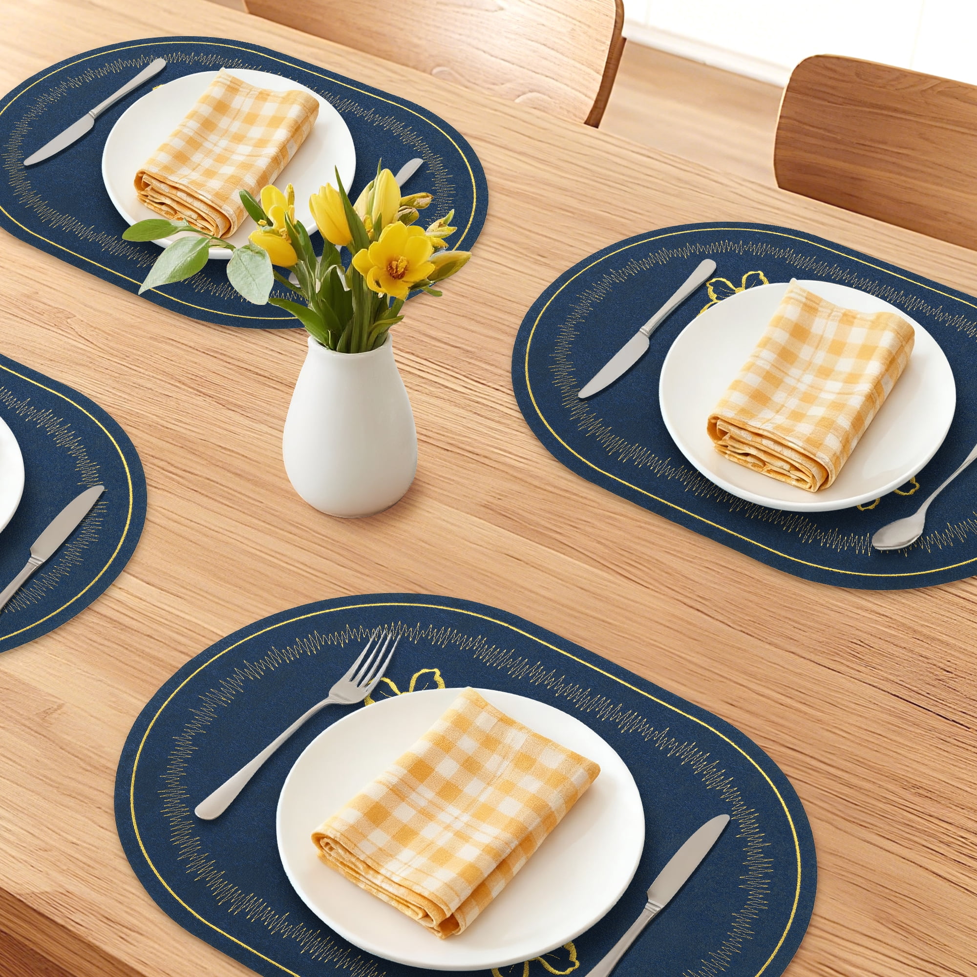 Unique Bargains Rustic Oval Placemats 4pcs Cotton Linen Navy Blue 17.7"x12.6"