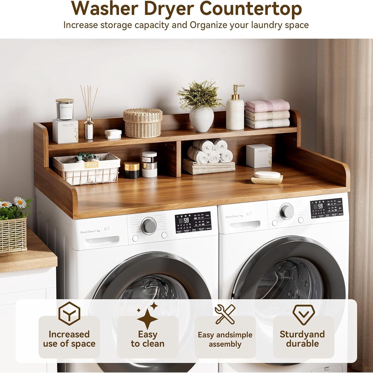 Gaderth 2-Tier Washer Dryer Countertop with Shelf, Laundry Countertop Cover with Non-Slip Pad, Laundry Topper with Edge for Washer Dryer Laundry Hamper Counter Storage Organization 54"X27.5"