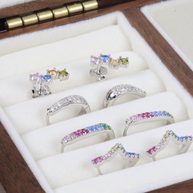 925 Sterling Silver Earrings for Women - Rectangle Rainbow Huggie Hoop Earrings Pavé Multicolor CZ, Hypoallergenic Dainty Jewelry for Daily Wear with RTT Jewelry Box