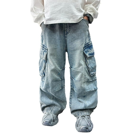 WERYOUNG Boys Girls Cargo Jeans Spring Summer Casual Elastic Waist Baggy Straight Wide Leg Pants With Pockets Breathable Dungarees Denim Pants,Blue,4-5 Years