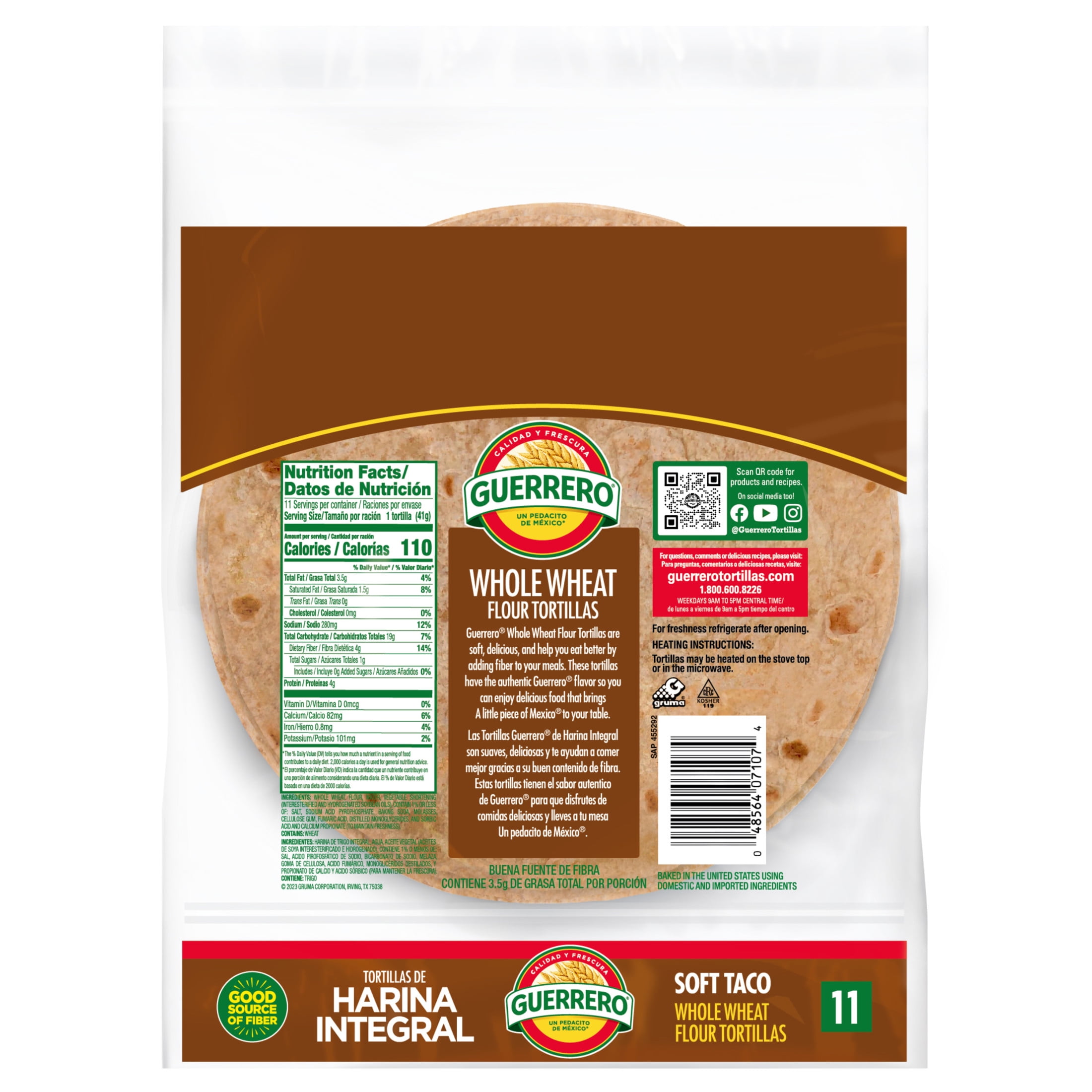 Guerrero Whole Wheat Flour Tortillas, Soft Taco Size, 11 Count