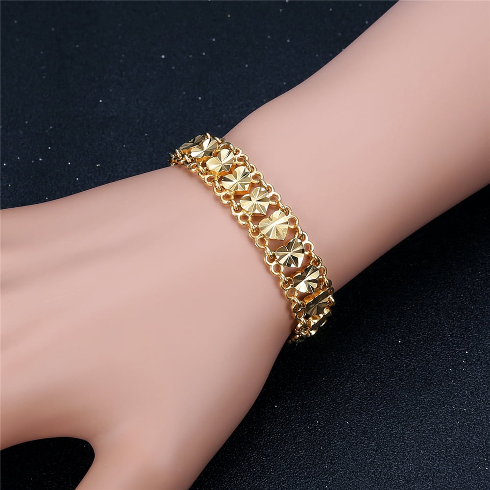 12MM Wide Chunky Chain Bracelet Braslet Trendy 14K Yellow Gold Heart Bracelets for Women Men Wristband Jewelry