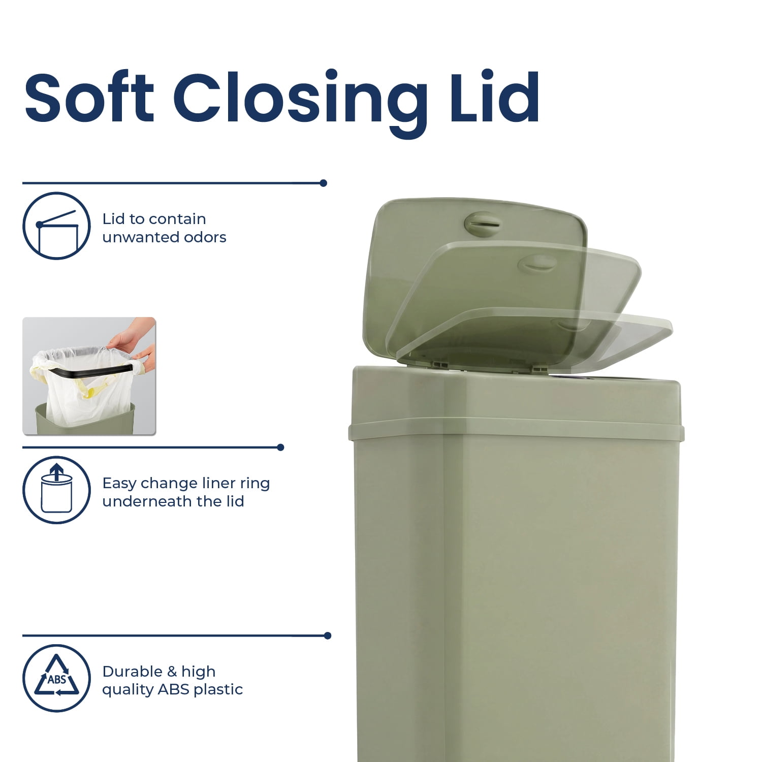 Nine Stars Motion Sensor Automatic Bathroom Trash Can, 3.2 Gallon Plastic, Motion Sensor Soft Close Lid Garbage Bin, Olive Green