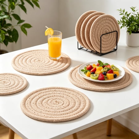 Woven Cotton Cup Pad Set for Drinks Absorbent Heat Resistant Coasters for Tabletops Coffee Table