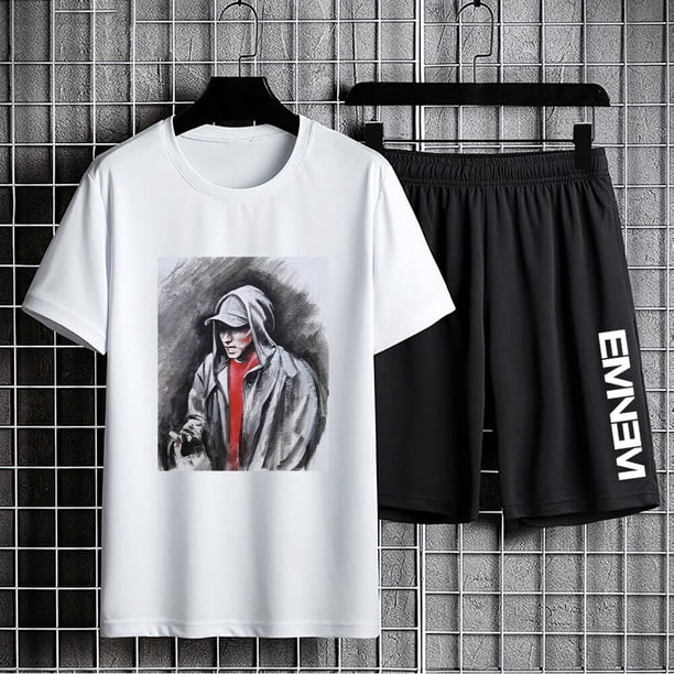 Eminem-Camiseta ajustada con estampado sombreado para hombre, pantalones cortos, traje deportivo de manga corta, camisetas informales de gran tamaño, pantalones cortos de Hip Hop, conjuntos de dos pie