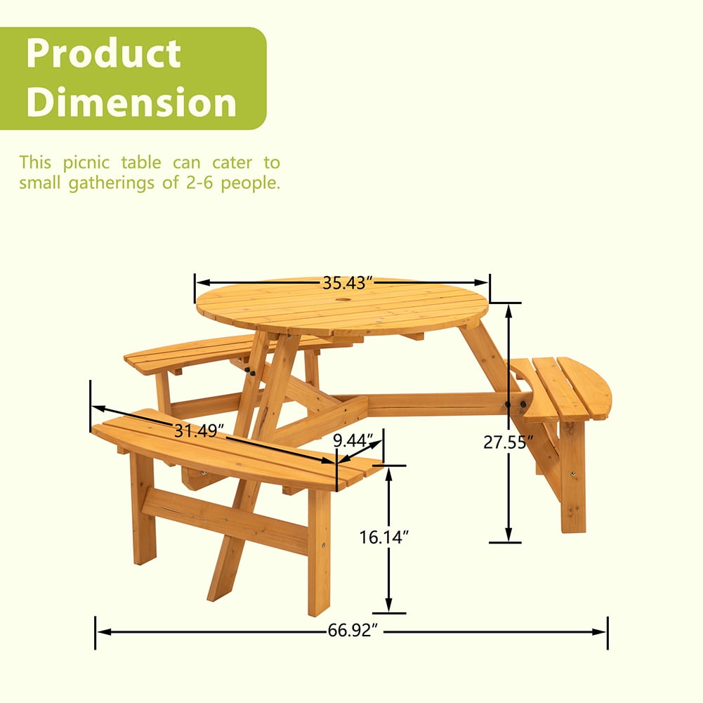 Kadyn 6-Person Outdoor Wooden Picnic Table, Circular Picnic Table Bench Set for Patio, Modern Picnic Table with 3 Built-in Benches, Natural