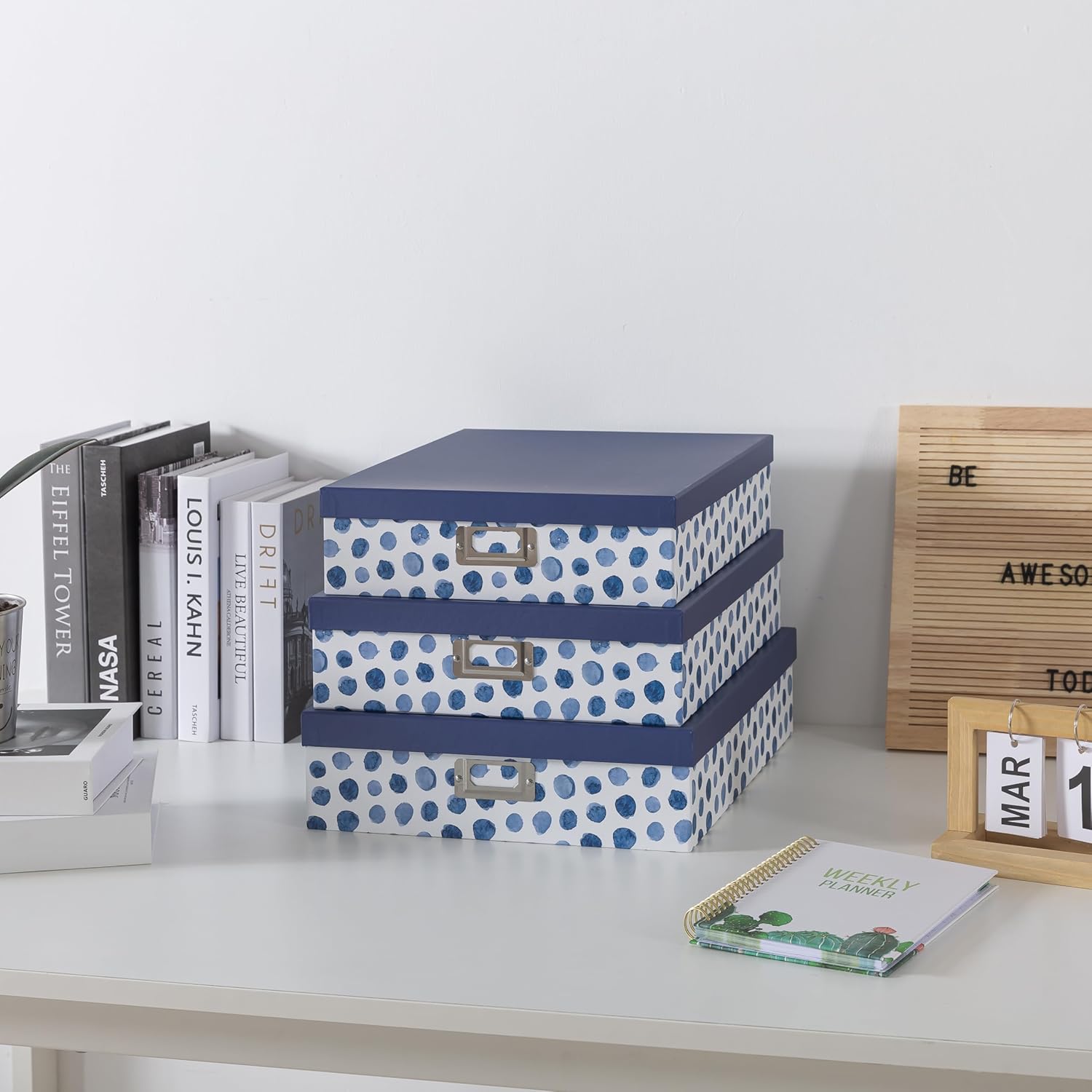 Blue Spots Decorative Storage Boxes with Lids, Set of 3 Memory Boxes for Keepsakes, Nesting Letter Cardboard Document Storage for Organizing, Photos, Scrapbook
