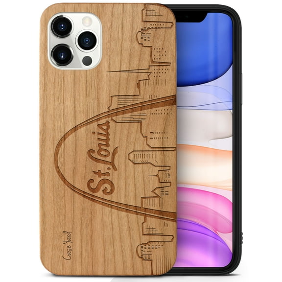 Case Yard Wooden Case Outside Soft TPU Silicone Slim Fit Shockproof Wood Phone Cover for Girls Boys Men and Women Supports Wireless Charging St. Louis Skyline Design case for iPhone-12/12-Pro