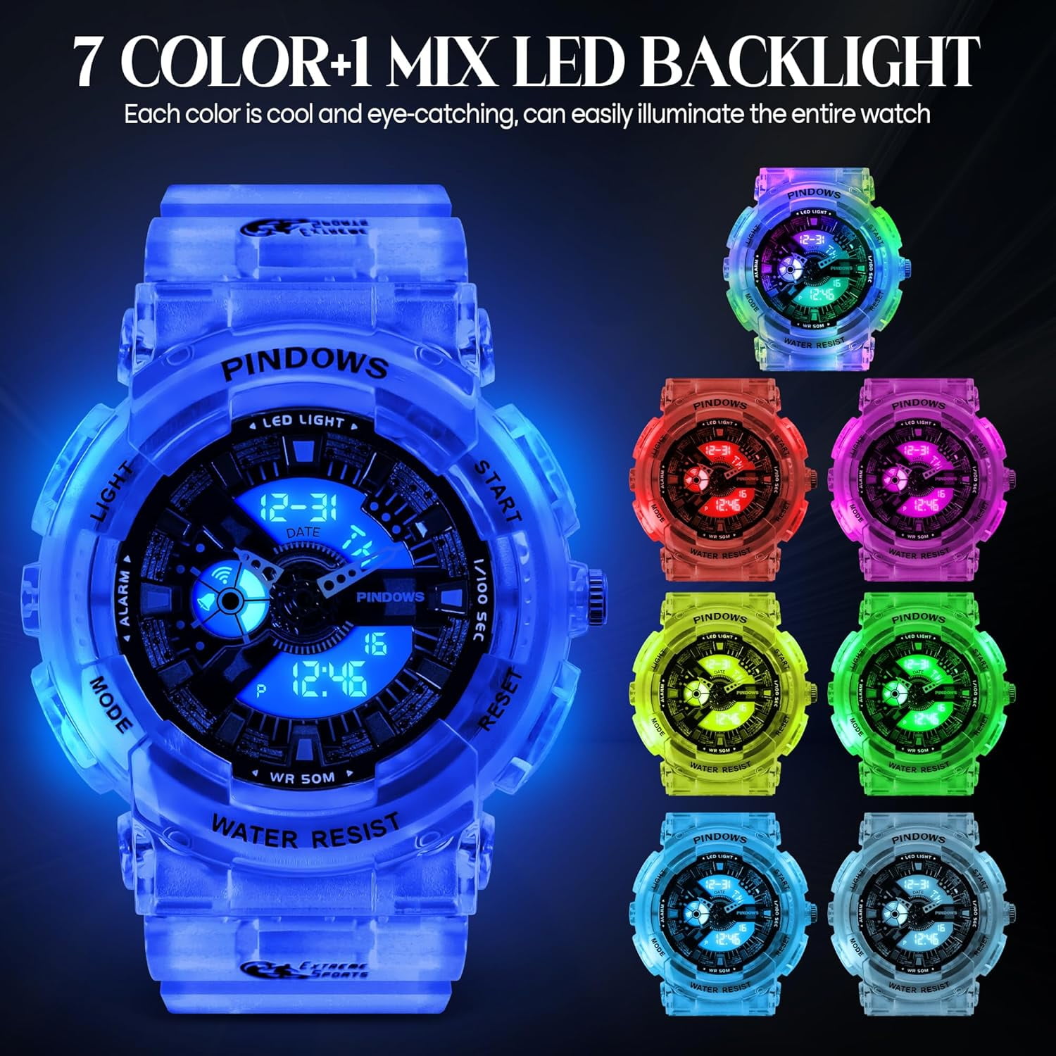 Women Watch for Women Teenagers Watch Outdoor Waterproof Digital Sports Analog Watches for Ladies Students with Stopwatch Alarm Countdown Dual Display 7 Color LED Backlight