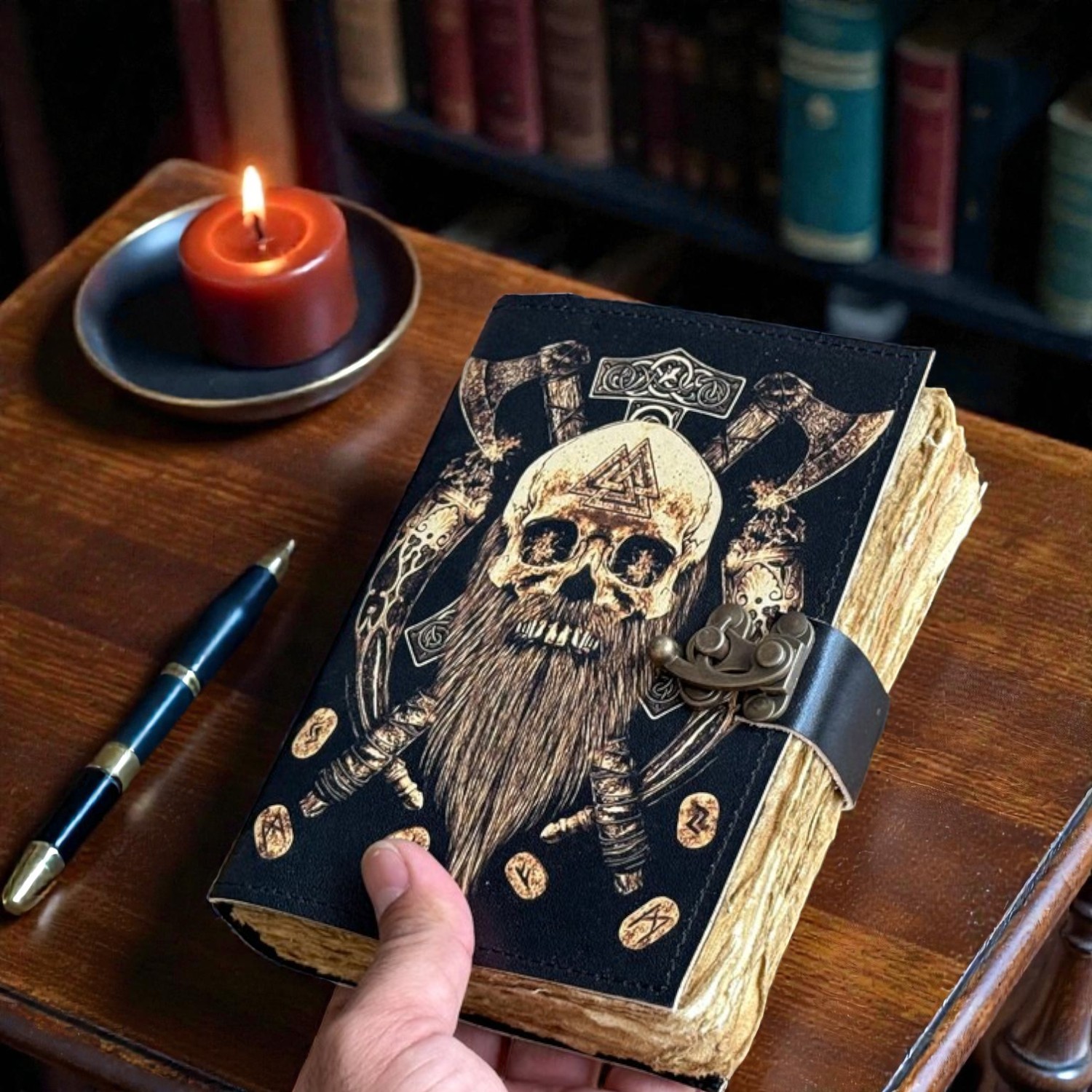 Handmade Viking Leather Journal 5x7 Inches – Warrior Skull Notebook with Axes & Runes, 200 Deckle-Edge Pages, Vintage Lock, Rustic Medieval Diary