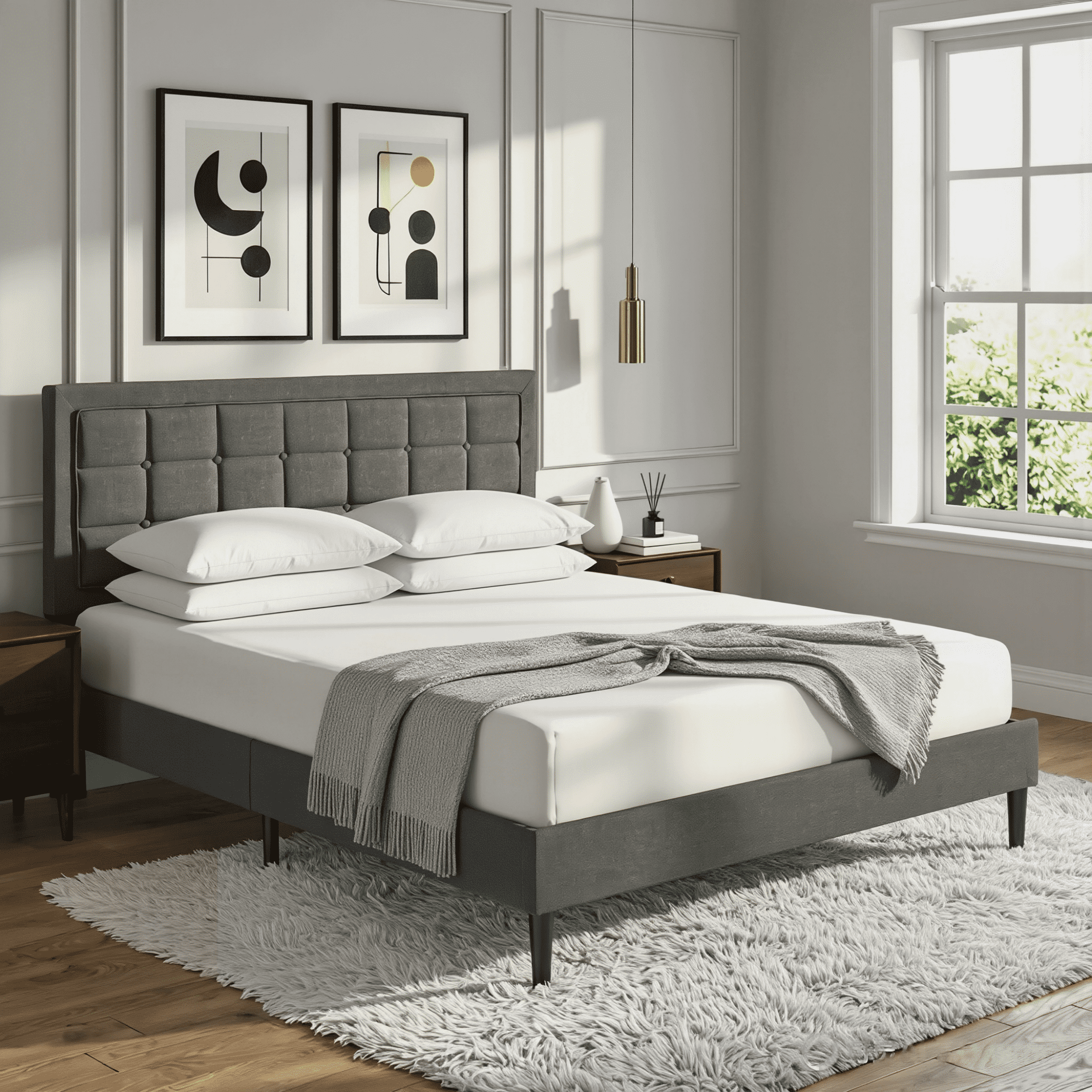 BSHTI King Size Platform Bed Frame with Adjustable Tufted Headboard, Solid Wood Frame, 12 Wood Slats, No Box Spring Needed，Grey