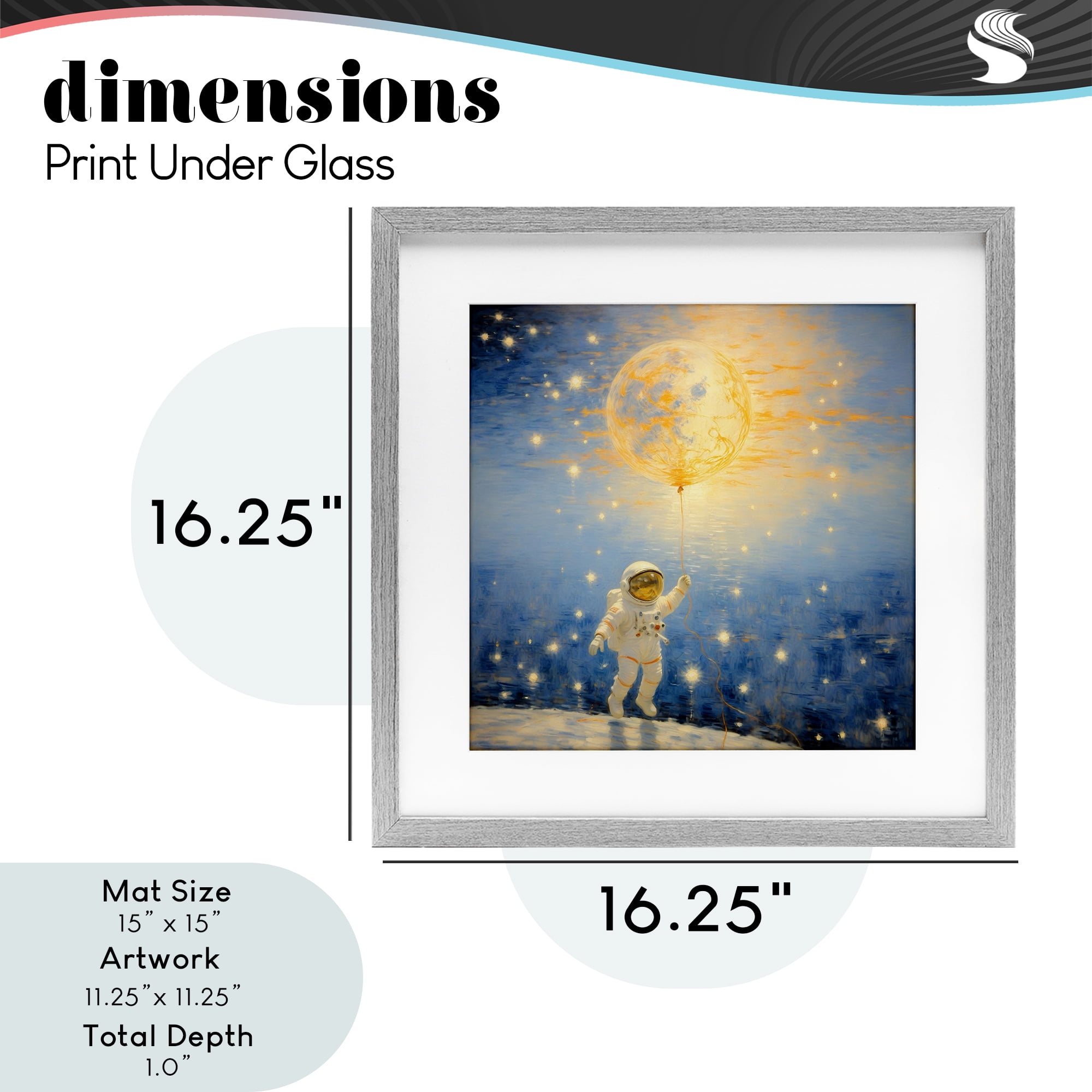 Astronaut with Dreamy Cosmic Balloon Gray Framed Print Under Glass, design by Angie Hawke