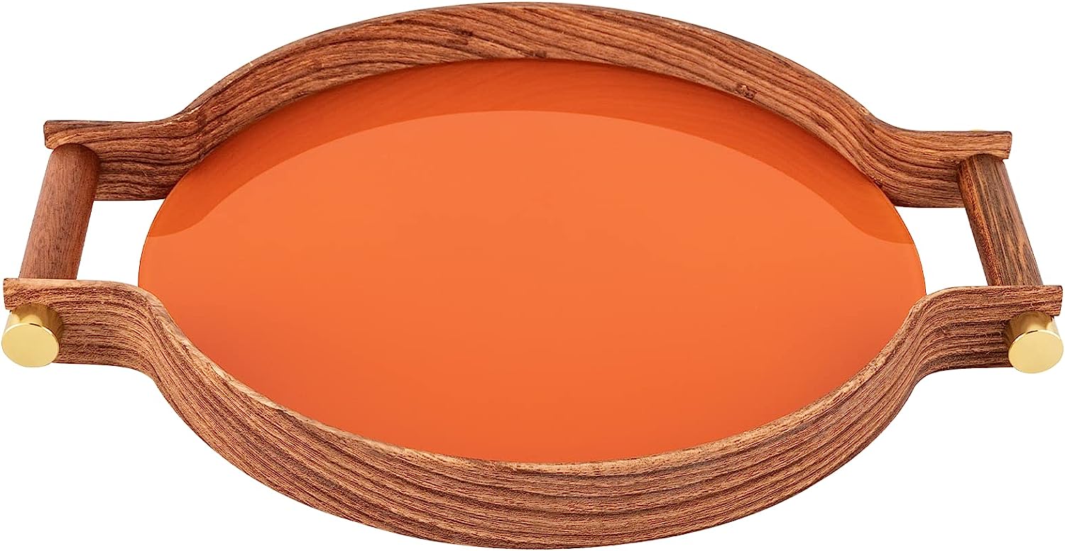 Oukaning Reversible Glass Serving Tray with Wooden Handles, Serving