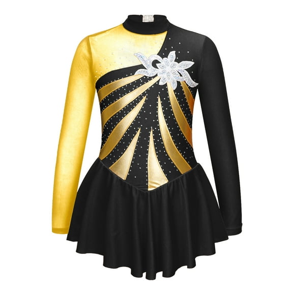 Fldy Girls Ballet Dance Gymnastic Leotard Long Sleeves Hollow Back Skating Dance Dress Performance Black 10