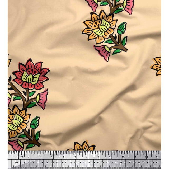 Soimoi Poly Georgette Fabric Leaves & Floral Block Print Fabric by Yard 42 Inch Wide