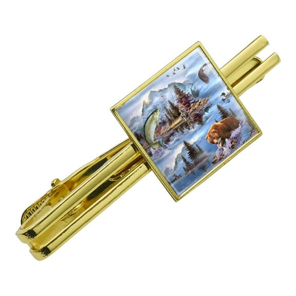 Mountain Fly Fishing Bear Stream Lake Fish Square Tie Bar Clip Clasp Tack- Silver or Gold