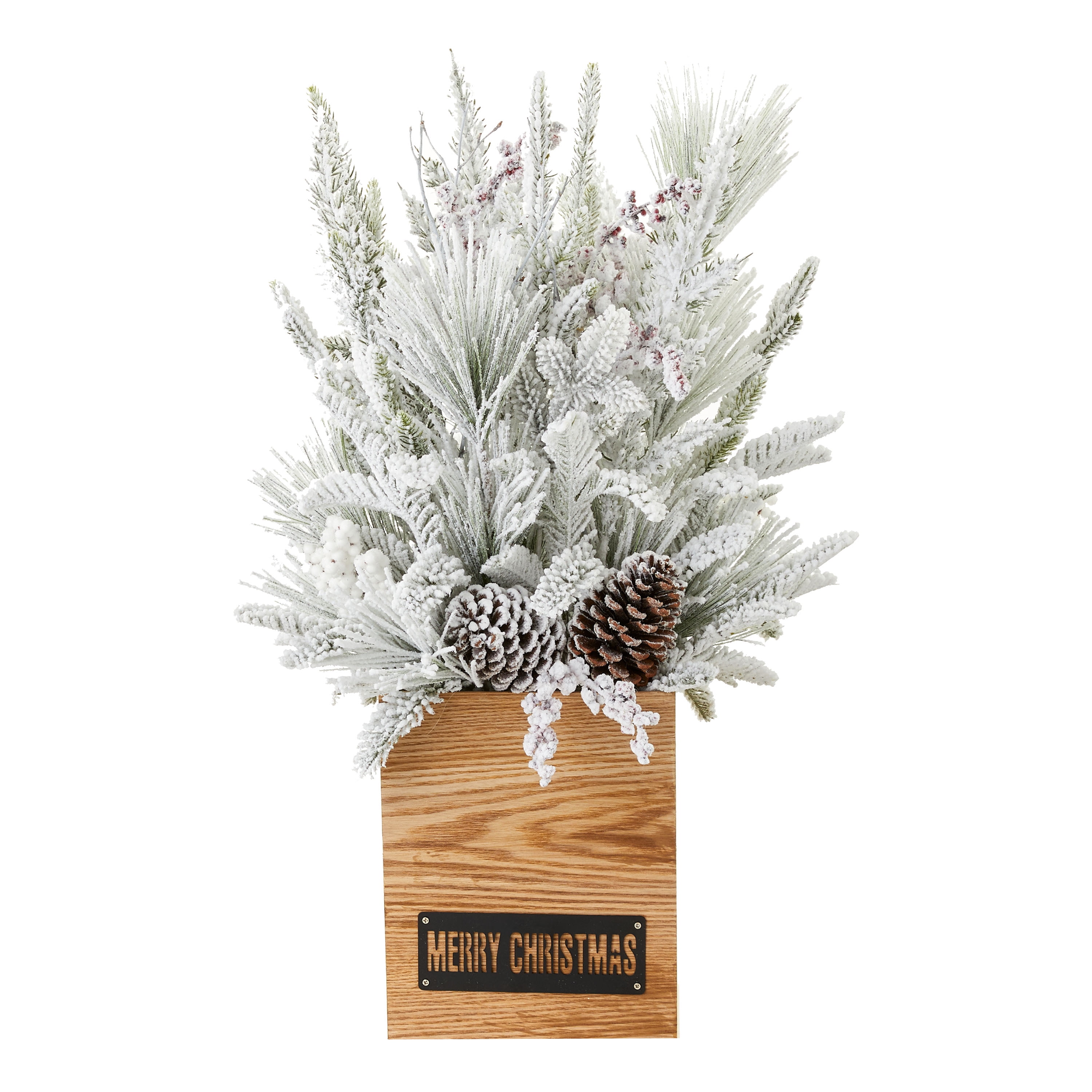 Holiday Time Flocked Artificial Greenery Porch Arrangement in Wood Box ...