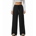 thumbnail image 2 of Women'S Wide Leg Ribbed Knit Pants Drawstring Waist Low Rise Casual Long Trousers Black S, 2 of 9